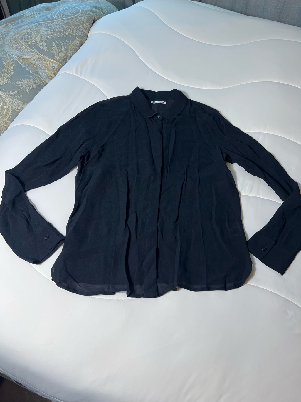 Reformation Sheer Black Button-Front Long Sleeve Blouse